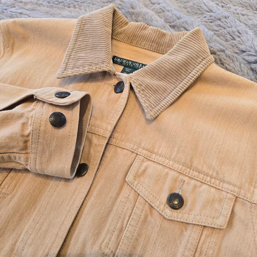 Lauren Jeans Co Ralph Lauren Tan Denim Trucker Jacket Corduroy Collar Medium VTG